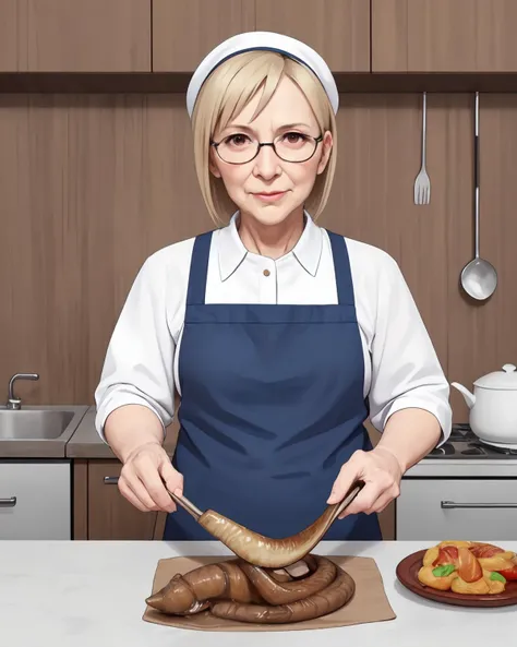 66 years old woman cooking, (lamprey:1.1), grill