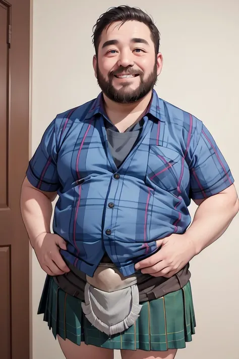 masterpiece,(high quality, best quality:1.2),smile,(mature fat man:1.2),blue shirt, (kilt:1.5), beard, (sporran:1.3), detailed face