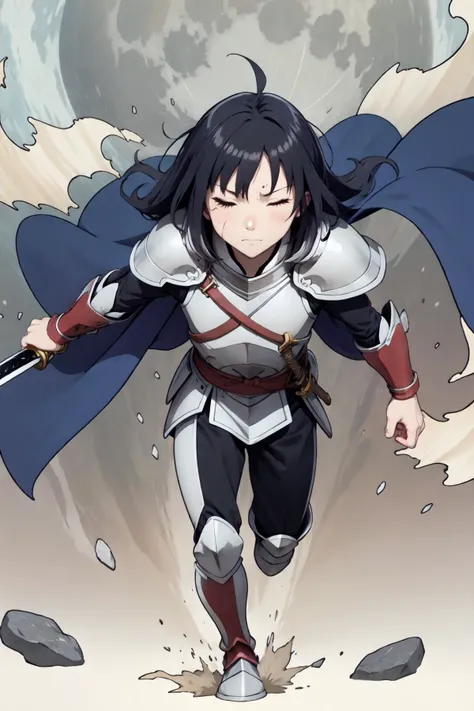 masterpiece, best quality, highly detailed, dynamic angle, from above, running fighting stance, attack battle form, floating debris dust stones winds, armor, one eye closed, scar, bandages, black hair, cape, male focus, manly, holding sword, huge sword, holding, traditional media, weapon, full moon, (realistic_nose:-1), (anime coloring:1.2), (flat_color:1)