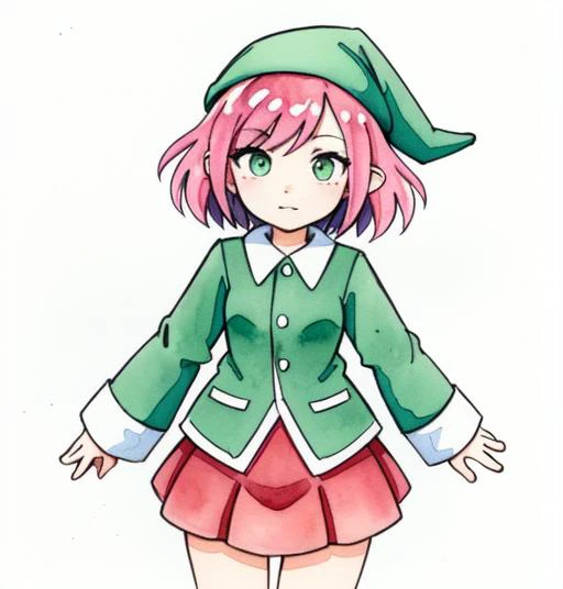a drawing of a woman, long sleeves, green gnome
watercolor, sketch, white_background , colored_pencil_\(medium\), marker_\(medium\), traditional_media, watercolor_\(medium\), official art