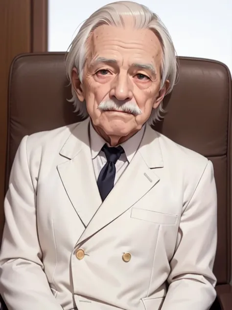 (An 80 years old man with nasolabial folds on his face:1.3), (white mustache:1.1), white suits, white short cut corners hair ,long brown red tie, beige jacket, his both fingers in front of his face, Werther's Original, sitting on the chair, glowing eyes, morinaga, age_spots, mole