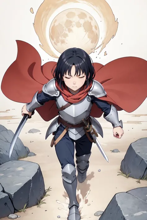 masterpiece, best quality, highly detailed, dynamic angle, from above, running fighting stance, attack battle form, floating debris dust stones winds, armor, one eye closed, scar, bandages, black hair, cape, male focus, manly, holding sword, huge sword, holding, traditional media, weapon, full moon, (realistic_nose:-1), (anime coloring:1.2), (flat_color:1)