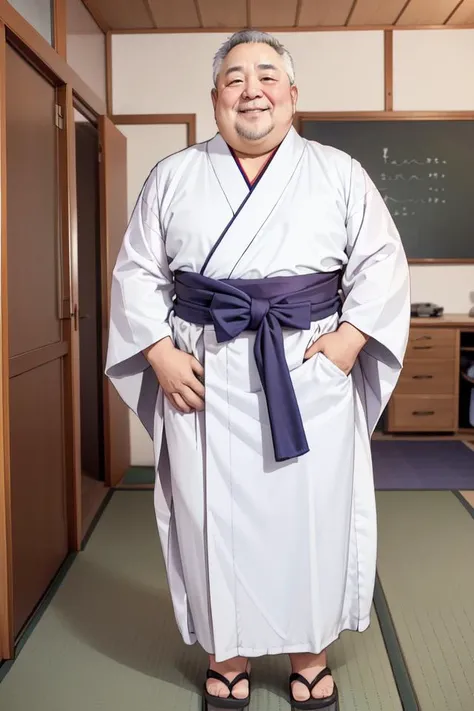masterpiece,(high quality, best quality:1.2),smile,(mature fat man:1.2), (white hakama with mon:1.5)