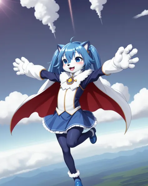curesky, twintails, hair ornament, earrings, brooch, multicolored clothes, puffy detached long sleeves, blue skirt, cape, white fingerless gloves, blue footwear, blue eyes,(outstretched arms, falling from the sky:1.4), happy, blush, open mouth, looking at viewer, (shiny, cloud, stratosphere:1.4, horizon, Magnificent viewer, beautiful background), lens flare, wind, kneehighs, pantyhose, (furry:1.5), gloves