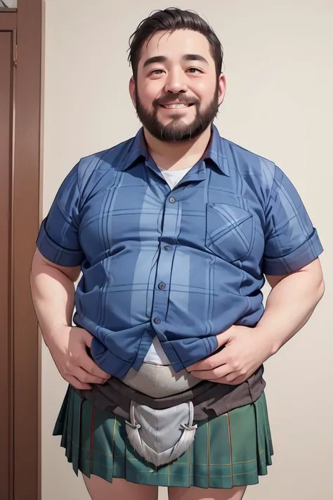 masterpiece,(high quality, best quality:1.2),smile,(mature fat man:1.2),blue shirt, (kilt:1.5), beard, (sporran:1.3), detailed face