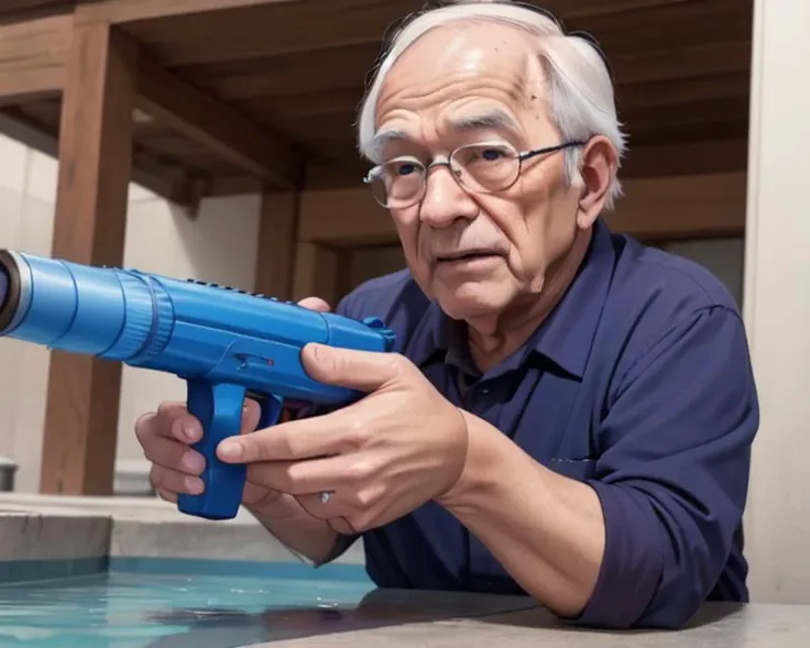 masterpiece, best quality, old man, 66years,Water gun