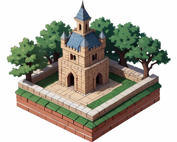 absurdres, best quality, fantasy, isometric, knolling style of (miniature brick round tower:1.2), tree, stone wall, (simple background:1.2)