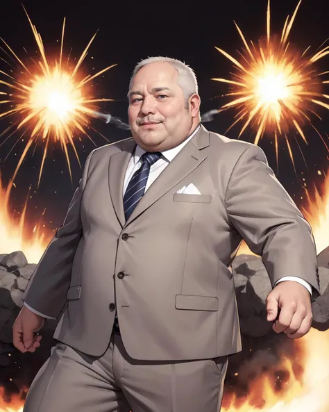 masterpiece,(high quality, best quality:1.2),smile, (man:1), smoke, explosion, mature fat man, hero, fighting beast, lips, cheek, blush, suit, I choose you!