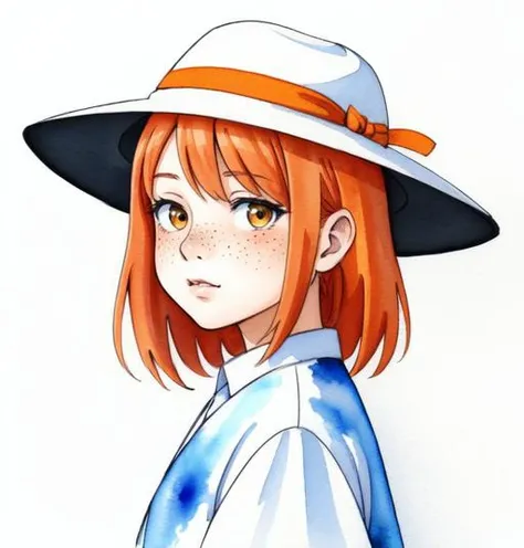 One Piece Nami creation、Watercolor、An illustration、Orange Hair、shirt、precise face features、black eye、Sporty clothes、High resolution