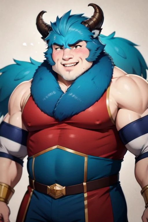 masterpiece,(high quality, best quality:1.2),smile, (realistic_nose:-1), mature fat man, hero, fighting beast, lips, cheek, blush