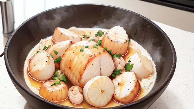 cock henderopa, in real world, When the milk boils, lower the heat and add the chicken, scallops, and fish and cook them, When the chicken turns white and the scallops and fish are plump, turn off the heat, Add the lemon juice and mix well, Serve in a bowl and you’re done.