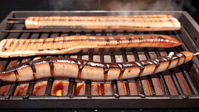 (fillet of grilled elongated King lamprey:1.2) ,(kabayaki cut square piece:1.3), rectangular charcoal brazier grill, stuck on a skewer