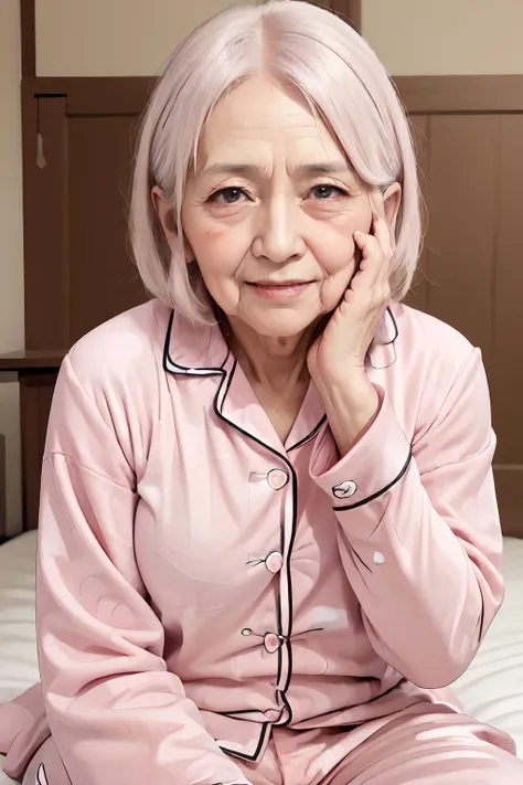 masterpiece,(high quality, best quality:1.2), smile, 80 years old woman,(an old lady nasolabial folds on face pink pajamas:1.4), (wrinkled skin:1.2), nsfw, <lora:jpface:0.8>, (Japanese:1.2)