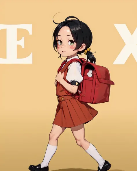 simple background, yellow background, yellow theme, Walking, school uniform, shirt, short sleeves, red dress,red tie,puffy sleeves, <lora:Yukopi-KK77-V1:0.7>, white legwear, socks, kneehighs, backpack, red school bag ,a red purse is on her back, shoes, short twintails, black hair, hair bobbles, hair ornament, holding strap, 1 girl, 18yo,Young female, Beautiful Finger, Beautiful long legs, Beautiful body, Beautiful Nose, Beautiful character design, perfect eyes, perfect face, looking at viewer, in the center of the image, official art, blurry background, bokeh:1.2, lens flare, (vibrant_color:1.2),(beautiful_face:1.5)