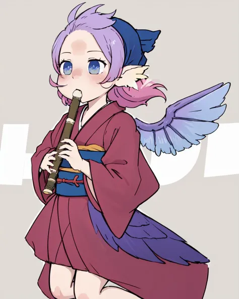 (detailed face, detailed eyes, clear skin, clear eyes), photography, detailed skin, animal_ears, (sash code:1.3), (purple wings:1.1), (OKMS:1.5), hyperrealism, (okamisty:1.5), (mystia lorelei:1.2), blurry, indoors, lips, (maroon_kimono:1.4), (blue_headscarf:1.5),(indigo blue_apron:1.2), (pink hair:1.2),<lora:Kyoufuu All Back:0.9>, Kyoufuu all back, 1girl, solo, (from side:1.2), simple background, holding, standing, full body, instrument, playing instrument, holding instrument, recorder,