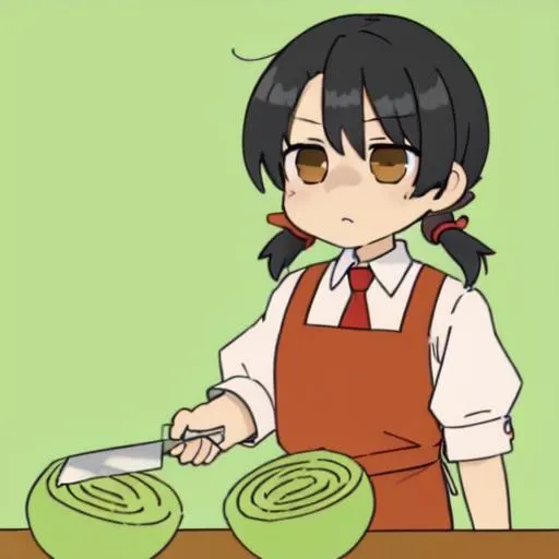 (masterpiece, best quality, high quality,:1.2), <lora:cabbage5:0.5>, a cartoon character with a knife, (green object:1.2) ,1girl, black_hair, brown_eyes, collared_shirt, food, low_twintails, red_apron, red_necktie, short_sleeves, short_twintails, solo, twintails, upper_body, (cabbage:1.2), jitome, brown_eyes, red_dress, short_sleeves, black_hair, kyoufuu, during, chibi, (kitchen_knife:1.2), <lora:Kyoufuu All Back:0.5>, orange_background