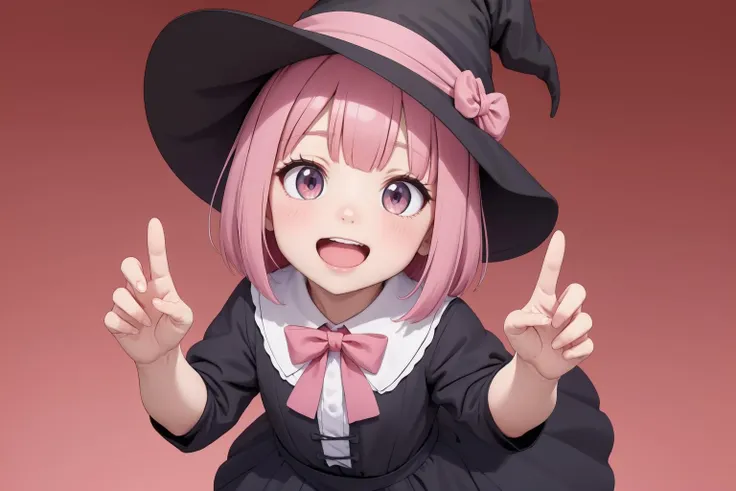 masterpiece,(best quality, high quality, highres:1.2), a woman in a witches hat and black dress with lights behind her and a pink background with a starburst, blurry, depth_of_field, facing_viewer, red_background, red_sky, smile, solo, bloodborne, a hologram, magical realism, (flat_color:1.1), (anime_coloring:1.1), (realistic_nose:-0.8),(megami magazine:1.1), open hands, pink hair