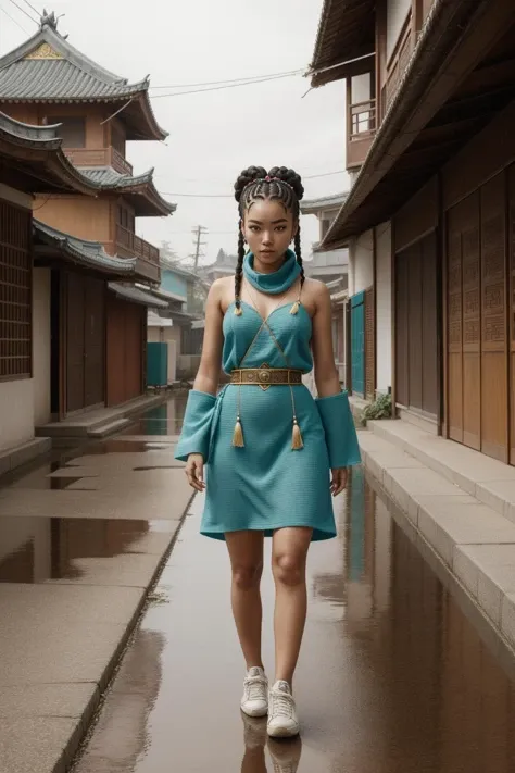 1girl, grand Cinematic still, Nervous street with Pine needle carpet, surreal, establishing shot of a dressed in a very Rusty electric yellow Qing Dynasty Granite T-shirt dress and sneakers, broad-shouldered Heisei Era Warlord (Sister:1.3) , she is very Ruthless and Sprawling as a Crochet doll character, she is feeling very angry, the Warlord has eyebrows of pretty and nose of good-looking, her hair is Haitian and styled as Box braids, the Warlord has a Infected Dominican Teal Scarf, Samurai Mask, Raining, tilt shift, (designed by Sherry Akrami:0.7) , Proud, Princecore, soft lighting, 800mm lens, Muted Colors, moody, Gray palette, perfect skin, skin pores, octane engine, hyperdetailed, magnificent
