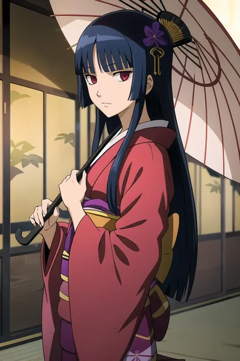 masterpiece, key visual, 1girl, dark blue hair, blunt bangs, long hair, looking at viewer, dark crimson eyes, imai_nobume, (kimono:1.3), Pretending to hold a cute little umbrella