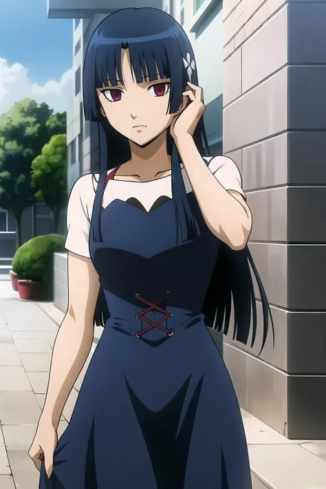 masterpiece, key visual, 1girl, dark blue hair, blunt bangs, long hair, looking at viewer, dark crimson eyes, imai_nobume, (casual dress:1.3), Jumping, mimicking a high jump