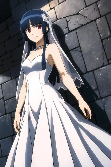 masterpiece, key visual, 1girl, dark blue hair, blunt bangs, long hair, looking at viewer, dark crimson eyes, imai_nobume, (wedding dress:1.3), smile, Leaning against a wall