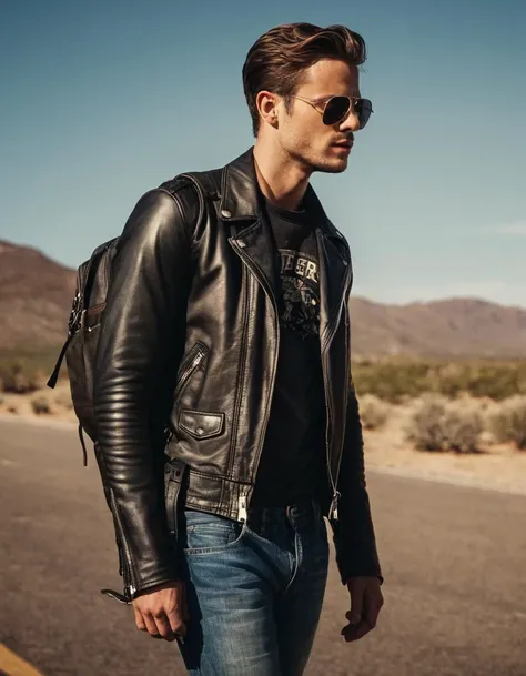 full body, man, Leather moto jacket, Graphic tee, Slim-fit jeans, Combat boots, Backpack, Aviator sunglasses