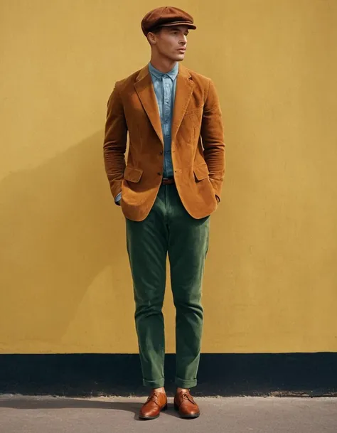 full body, man, Corduroy blazer, Polo shirt, Retro-style trousers, Brogue shoes, Vintage-inspired watch, Newsboy cap
