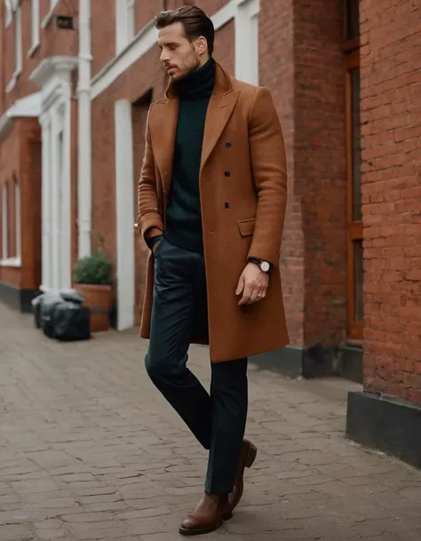 full body, man, Turtleneck sweater, Tailored trousers, Chelsea boots, Wool overcoat, Leather messenger bag, Minimalist watch