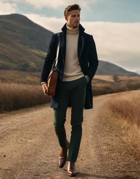 full body, man, Turtleneck sweater, Tailored trousers, Chelsea boots, Wool overcoat, Leather messenger bag, Minimalist watch