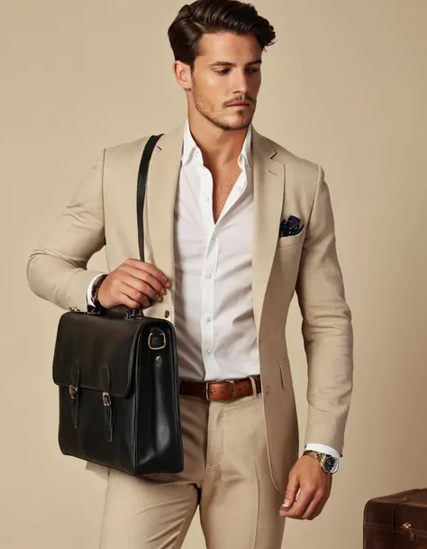 full body, man, Tailored blazer, Crisp white shirt, Slim-fit trousers, Oxford shoes, Leather briefcase, Classic watch
