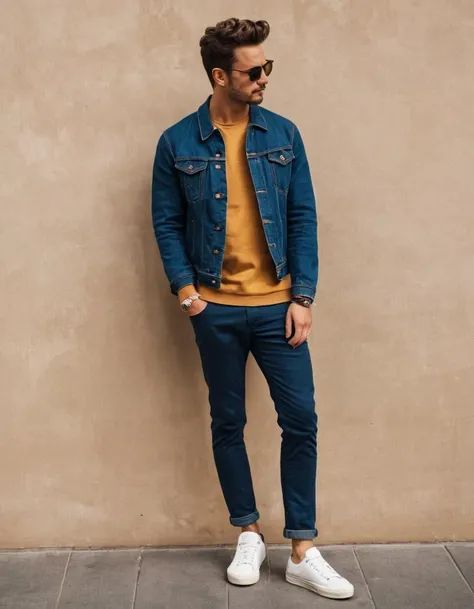 full body, man, Denim jacket, Crewneck sweatshirt, Chinos, Canvas sneakers, Crossbody bag, Wayfarer sunglasses