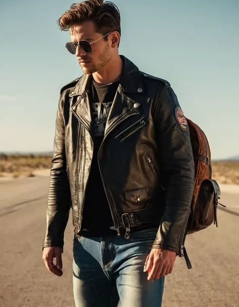 full body, man, Leather moto jacket, Graphic tee, Slim-fit jeans, Combat boots, Backpack, Aviator sunglasses