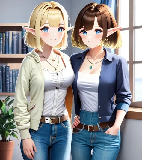 ((anime:1.2), exceptional, best aesthetic, new, newest, best quality, masterpiece, detailed:1.2),
jewelry, breasts, book, pants, jacket, 2girls, smile, indoors, jeans, denim, belt, necklace, elf, earrings, cleavage, window, shirt, bangs, collarbone, pendant, bookshelf, standing, candle, plant, blush, hood, short hair, pointy ears, blonde hair, blue eyes, multiple girls, looking at viewer, open jacket, medium breasts, open clothes, closed mouth, blue pants, long sleeves, white shirt, brown belt, open book, potted plant