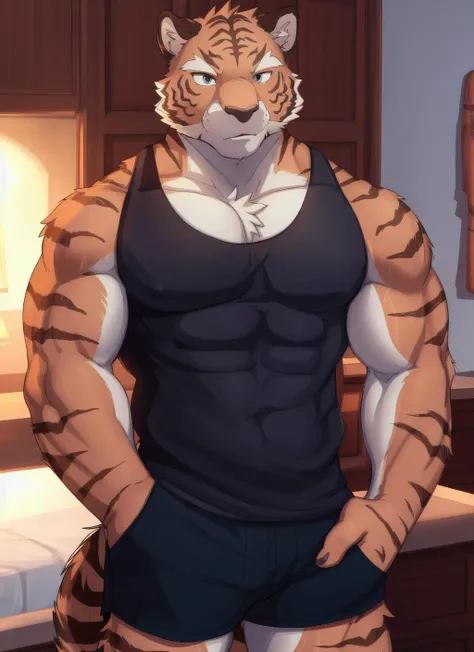 <lora:gou-08:1>, gou, solo, (soft shading), 4k, hi res, detailed face, detailed eyes, detailed, ((full body)), by zackarry911, by zaush, (by personalami:0.5), muscular, muscular male, bara, mature male, clothed, tiger tail, black tank top,