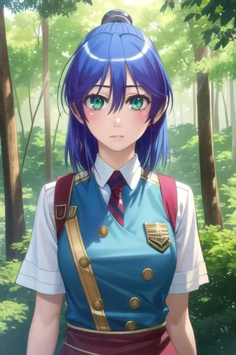(best quality:1.1), (masterpiece:1.4), , looking at viewer, upper body, depth of field, ligne claire, (realistic:1.4), 1girl, solo, <lora:nagisa_aizawa:0.92>, nagisa_aizawa, blue hair, green eyes, short hair, palace guard costume, The Forest of Mirrors: A place where reality is distorted and nothing is as it seems, High definition