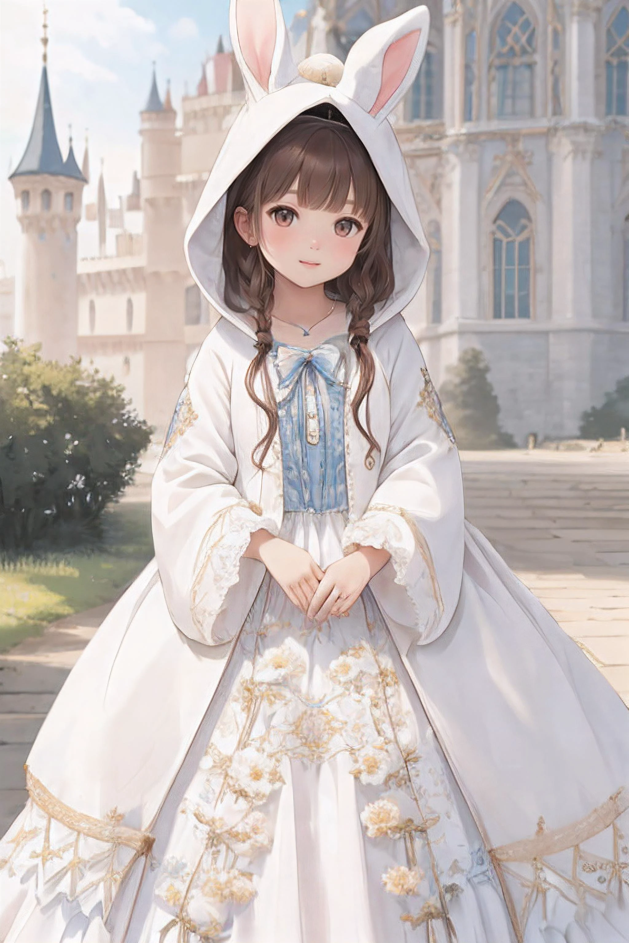 ultra detailed, sharp focus, best quality, masterpiece, colorful, <lora:wrenchrococodome:0.85> <lora:p0tatcaho-v1:0.8> p0tatcaho,animal hood, white bunny hoodie, white dress, hat, wrenchrococodome, ung girl, full body shot, palace background, castle background, clear summer day, best quality, masterpiece, intricate details