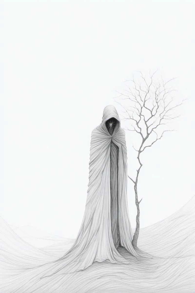 Surreal, line art, ink art, flowing red, two shrouded lovers under a dry tree, two birds on two lovers, sunset, hill, plain of roses, surreal, line art, ink art, red and white, flowing red color, red mist, field of red flowers, portrait, hill, tree, sunset, cloud, loneliness, lonely man in shroud, sadness, <lora:F_style-000002:1> <lora:xk3mt1ks:0.8> xk3mt1ks <lora:SDXL_White_Sa_May:0.8> white <lora:XLFuturisticAlienV1E11:0.8> futuristic alien, science fiction
