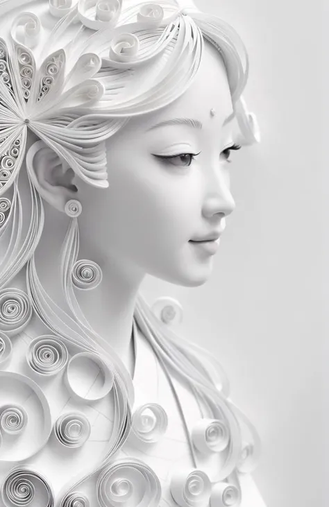Paper quilling art of A close-up white portrait photograph of a beautiful young ancient Chinese female student, with perfect face and hair, focused on her bright, wearing Chinese-style jewelry., engaging smile, white colors, crisp and clean lines, trending on fashion and beauty websites, sharp focus,<lora:SDXL_White_Sa_May:1> . Intricate, delicate, curling, rolling, shaping, coiling, loops, 3D, dimensional, ornamental