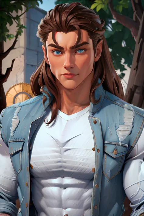 <lora:halsin:0.5>, HalsinBG, long brown hair, blue eyes, muscular, wearing jean jacket and white shirt || masterpiece, perfect quality, sharp focus, shallow depth of field, 8k