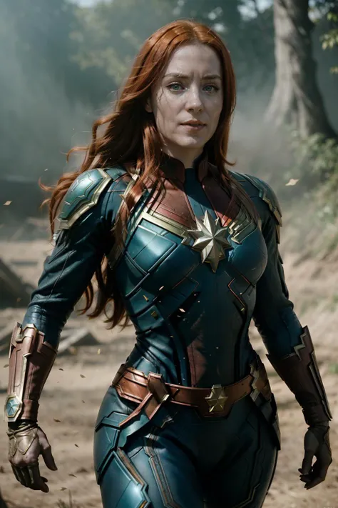 <lora:quiron_SimoneSimons_v4_lora:0.87>,  realistic, (best quality), (masterpiece), (detailed),( skin details), Dappled Light, analog style, (look at viewer), (skin texture) ,(film grain), SimoneSimonsQuiron woman, Simone Simons weraring captain marvel costume,  red hair,  abs,