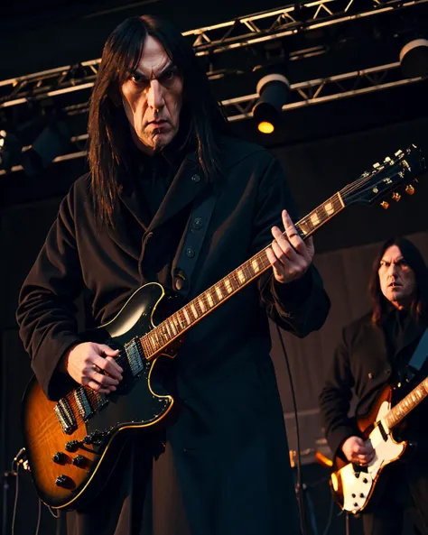 adamcrowley <lora:adamcrowley:1.2>, Best quality, masterpiece, ultra high res, (photorealistic:1.4), 1man, old_man, ugly_man, long_hair, black_hair, black_coat, open_coat, a man plays guitar on a stage, heavy metal band, delirious crowd, dark and dramatic tones