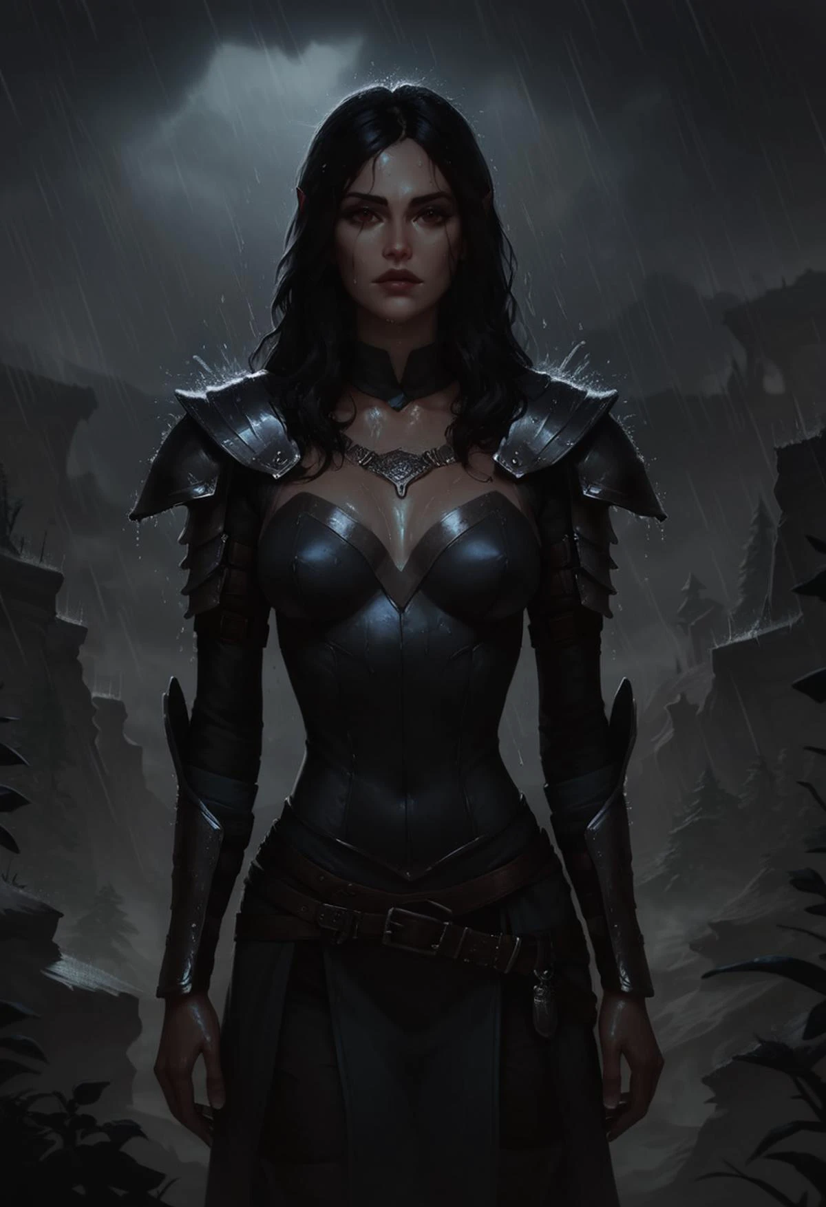 score_9, score_8_up, score_7_up, 1 girl, ((dunmer)), skyrim, elder scrolls, dark elf wizard wearing robes standing outside in rain in fantasy landscape, ((dark grey ashen skin)), dark grey small lips, small nose, large dark red eyes, ((shoulder length messy black hair)), narrow slender face, pronounced jaw and cheekbones, looking at viewer, (wearing sorceress robes, wearing wizard robes, battlemage outfit)), ((outside in rain, raining)), wet, alien plants on background, cliffs and volcano in background. <lora:Dunmer:1.1>, concept art, realistic, <lora:sinfully_stylish_SDKL:0.6>, <lora:Concept Art DarkSide Style LoRA_Pony XL v6:0.8>