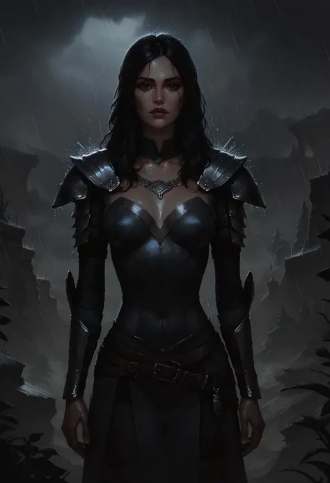 score_9, score_8_up, score_7_up, 1 girl, ((dunmer)), skyrim, elder scrolls, dark elf wizard wearing robes standing outside in rain in fantasy landscape, ((dark grey ashen skin)), dark grey small lips, small nose, large dark red eyes, ((shoulder length messy black hair)), narrow slender face, pronounced jaw and cheekbones, looking at viewer, (wearing sorceress robes, wearing wizard robes, battlemage outfit)), ((outside in rain, raining)), wet, alien plants on background, cliffs and volcano in background. <lora:Dunmer:1.1>, concept art, realistic, <lora:sinfully_stylish_SDKL:0.6>, <lora:Concept Art DarkSide Style LoRA_Pony XL v6:0.8>