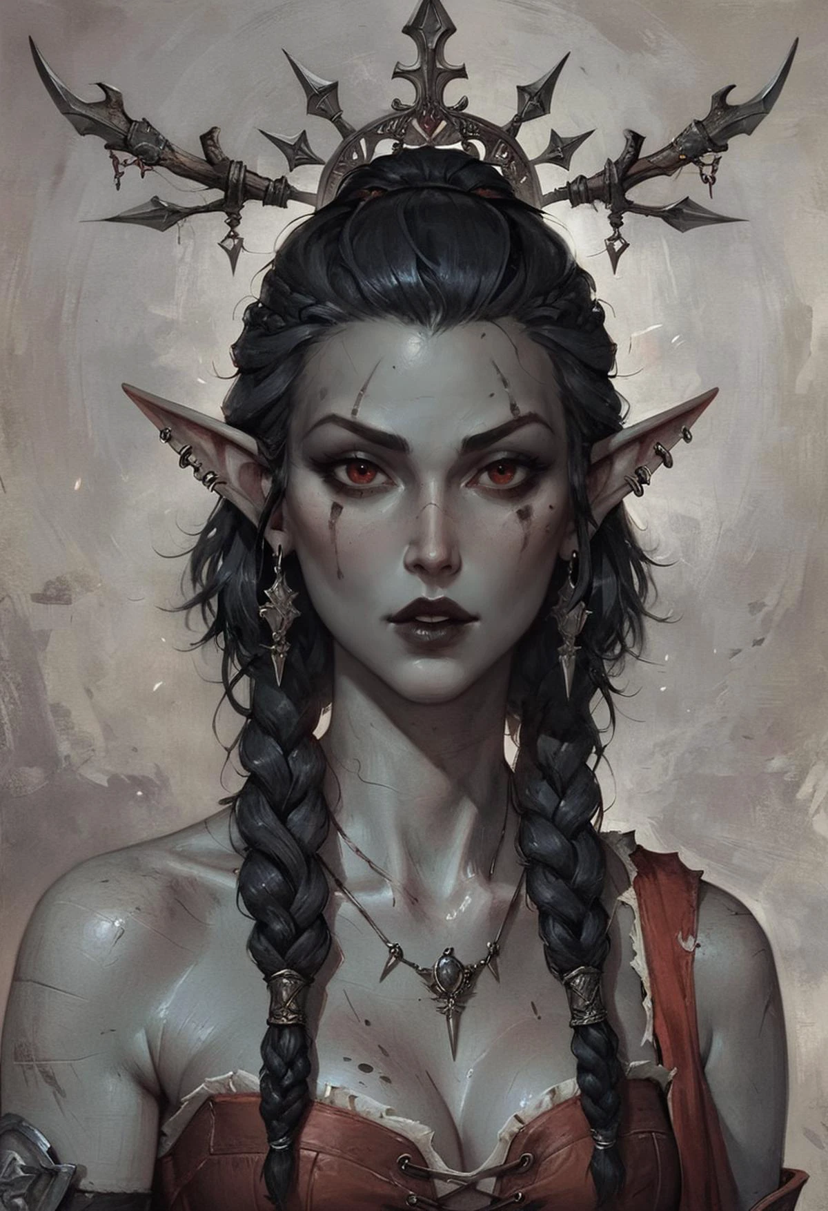 score_9, score_8_up, score_7_up, 1 girl, ((dunmer)), skyrim, elder scrolls, dark elf, ((dark grey ashen skin)), dark small lips, large dark red eyes, naughty, sultry, black hair in sleek ponytail, tall and slender, looking at viewer, <lora:Concept Art Twilight Style SDXL_LoRA_Pony Diffusion V6 XL:0.6>, <lora:Dunmer:1.0>, concept art, <lora:Gothic Art 2 Style SDXL_LoRA_Pony Diffusion V6 XL:0.6> gothic art, oil painting, traditional media