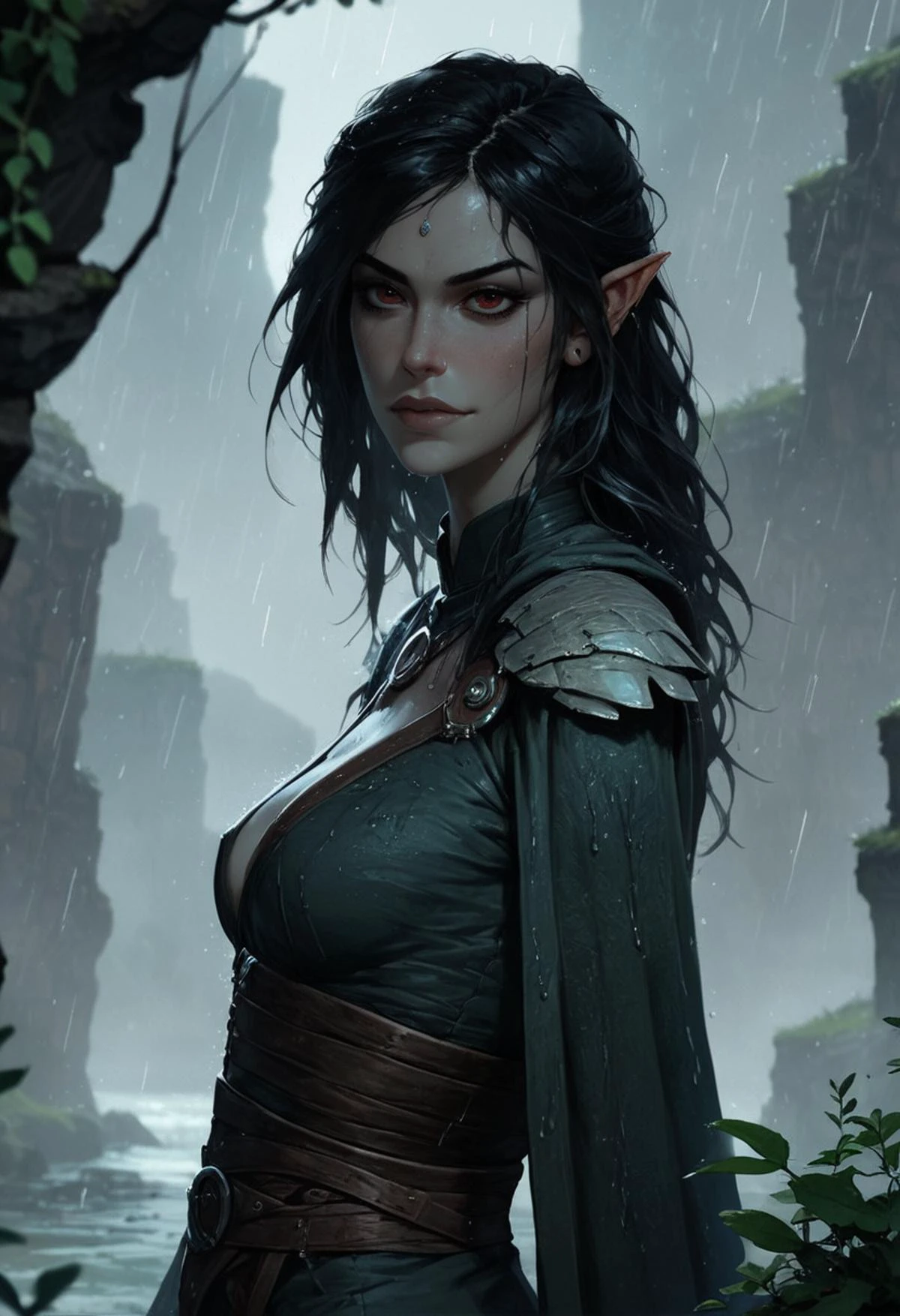 score_9, score_8_up, score_7_up, 1 girl, very aesthetic, semi realistic, ((dunmer)), skyrim dark elf, elder scrolls, dunmer wizard wearing robes standing outside in rain in fantasy landscape, ((dark grey ashen skin)), drow with dark grey skin, dark grey small lips, small nose, large dark red eyes, ((shoulder length messy black hair)), narrow slender face, pronounced jaw and cheekbones, feminine looking up at viewer, (wearing sorceress robes, wearing wizard robes, battlemage outfit)), ((outside in rain, raining)), wet, alien plants on background, cliffs and volcano in background. <lora:Dunmer:1.3>, <lora:Expressive_H:0.4> Expressiveh, <lora:RELSM_v1:0.5> <lora:Fant5yP0ny:0.9>, fantasy, <lora:add-detail-xl:0.4>, <lora:SDXLHighDetail_v5:0.6> Painstaking Attention To Details