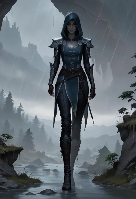 score_9, score_8_up, score_7_up, 1 girl, ((dunmer)), skyrim dark elf, elder scrolls, dunmer wizard wearing robes standing outside in rain in fantasy landscape. Full body view. ((dark grey ashen skin)), drow with dark grey skin, dark grey small lips, small nose, large dark red eyes, narrow slender face, pronounced cheekbones, feminine, pretty, subtle seductive smile, facial tattoos, (wearing black sorceress robes, wearing wizard robes, battlemage outfit)), ((outside in rain, raining)), wet, alien plants on background, cliffs and volcano in background. <lora:Dunmer:1.2>, photo, raw, <lora:add-detail-xl:0.4>, <lora:Fant5yP0ny:0.5>, fantasy, <lora:Concept Art Eclipse Style LoRA_Pony XL v6:0.7> concept art, realistic