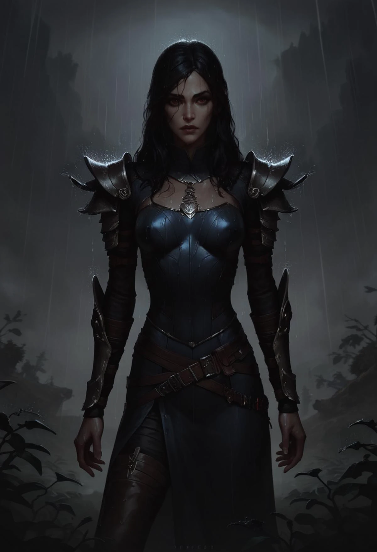 score_9, score_8_up, score_7_up, 1 girl, ((dunmer)), skyrim, elder scrolls, dark elf wizard wearing robes standing outside in rain in fantasy landscape, ((dark grey ashen skin)), dark grey small lips, small nose, large dark red eyes, ((shoulder length messy black hair)), narrow slender face, pronounced jaw and cheekbones, looking at viewer, (wearing sorceress robes, wearing wizard robes, battlemage outfit)), ((outside in rain, raining)), wet, alien plants on background, cliffs and volcano in background. <lora:Dunmer:1.1>, concept art, realistic, <lora:Concept Art DarkSide Style LoRA_Pony XL v6:0.8>