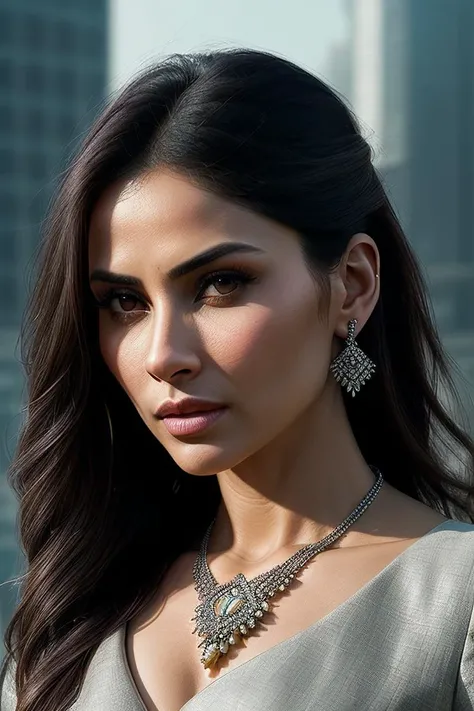 beautiful woman (M0un1R0y:.99), (Ponytail:1.3) with ((tie clip:1.3)), ((earrings and necklace:1.2)), ((portrait)), (closeup:1.2), ((from the waist up)), ((( Futuristic dystopian city viewpoint displaying advanced memory augmentation clinics :1.2 ))), natural skin texture, (( Bustier Top :1.2)), 24mm, 4k textures, soft cinematic light, adobe lightroom, photolab, hdr, intricate, elegant, highly detailed, sharp focus, ((((cinematic look)))), soothing tones, insane details, intricate details, hyperdetailed, low contrast, soft cinematic light, exposure blend, hdr, faded, now, ("I've got a bad feeling about this.":1.1)