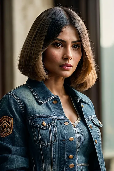 beautiful woman (M0un1R0y:.99), beautiful hair, (( graduated bob:1.4)), ((piercing:1.2)), ((portrait)), (closeup:1.2), ((from the waist up)), ((( infernal palace :1.2 ))), natural skin texture, (( Denim jacket :1.2)), 24mm, 4k textures, soft cinematic light, adobe lightroom, photolab, hdr, intricate, elegant, highly detailed, sharp focus, ((((cinematic look)))), soothing tones, insane details, intricate details, hyperdetailed, low contrast, soft cinematic light, exposure blend, hdr, faded, now, ("I've got a bad feeling about this.":1.1)
