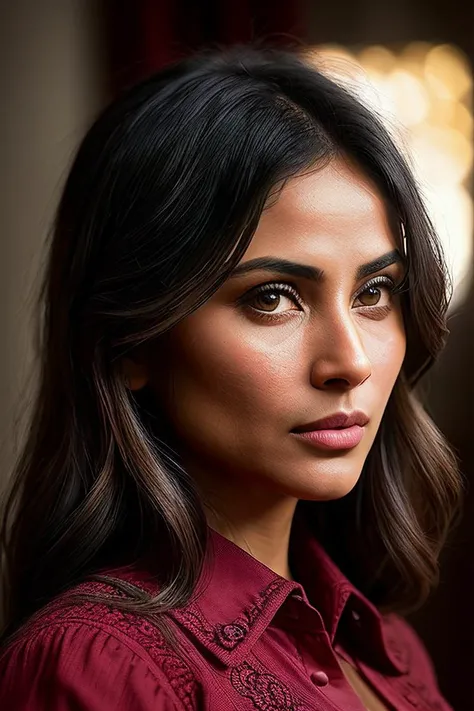 beautiful woman (M0un1R0y:.99), beautiful hair, ((piercing:1.2)), ((portrait)), (closeup:1.2), ((from the waist up)), ((( hotel room :1.2 ))), natural skin texture, (( Collared shirt :1.2)), 24mm, 4k textures, soft cinematic light, adobe lightroom, photolab, hdr, intricate, elegant, highly detailed, sharp focus, ((((cinematic look)))), soothing tones, insane details, intricate details, hyperdetailed, low contrast, soft cinematic light, exposure blend, hdr, faded, now, ("I've got a bad feeling about this.":1.1)